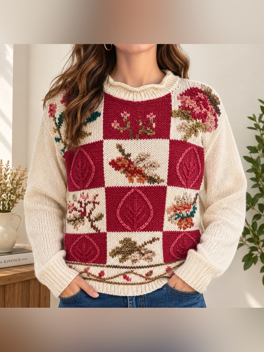 Cabin Creek Vintage 90s Floral Patchwork Sweater Ramie Cotton L